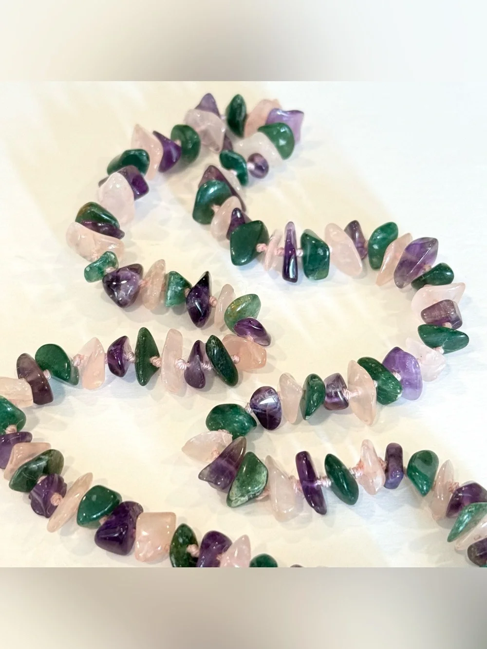 Jade Amethyst Rose Quartz Hand Knotted Necklace Vintage Estate Stone Purple Pink